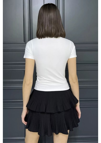 Kadın Bisiklet Yaka Likralı Modal Kumaş Crop Top Bluz P-00016175