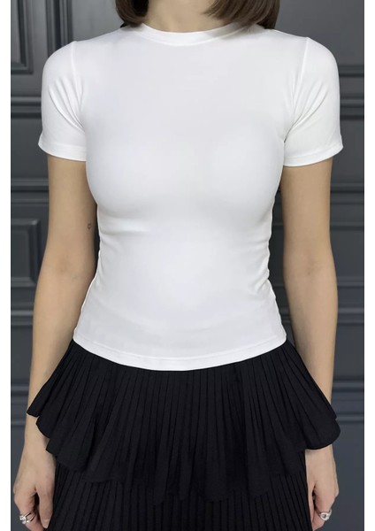 Kadın Bisiklet Yaka Likralı Modal Kumaş Crop Top Bluz P-00016175