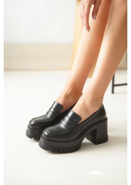 NVL-506 Siyah Günlük Yüksek Topuklu Platform Loafer Kadın Ayakkabı fiyatları