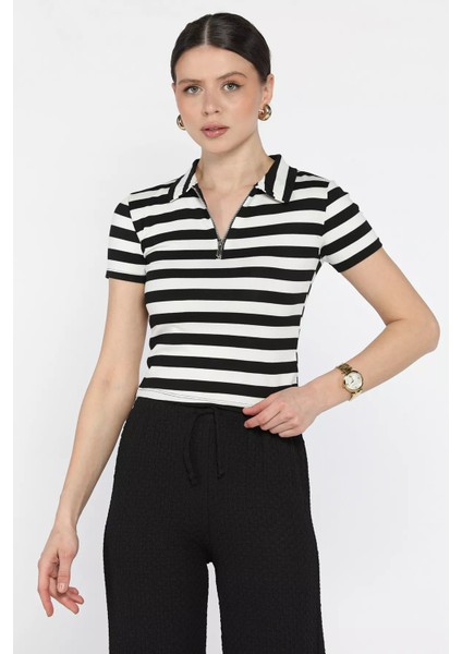 Polo Yaka Yarım Fermuarlı Çizgi Desenli Tişört P-00016213