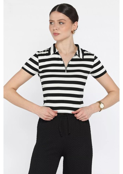 Polo Yaka Yarım Fermuarlı Çizgi Desenli Tişört P-00016213