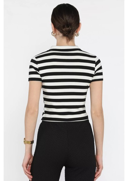 Polo Yaka Yarım Fermuarlı Çizgi Desenli Tişört P-00016213
