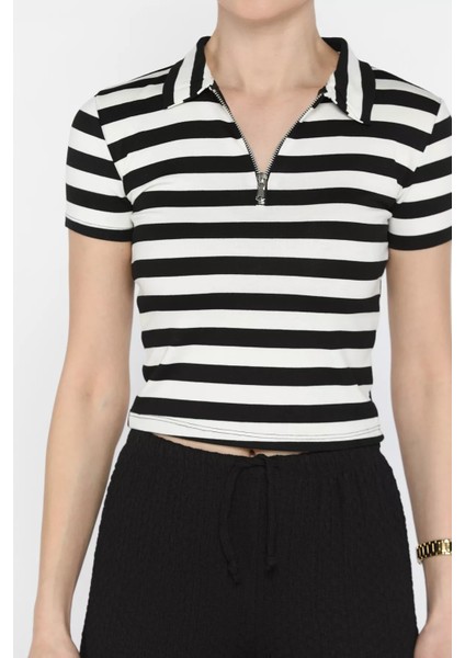 Polo Yaka Yarım Fermuarlı Çizgi Desenli Tişört P-00016213