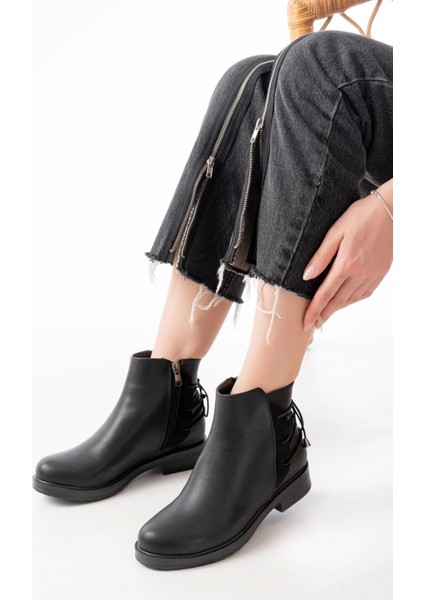 165-209 Siyah Arka Bağcık Aksesuarlı Fermuarlı Günlük Kadın Bot fiyatları