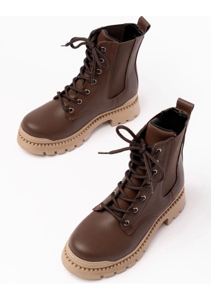 2051-298 Kahverengi Düz Topuklu Bağcıklı Lastikli Günlük Kadın Bot indirimleri
