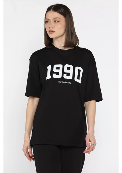Kadın Ön Baskılı Oversize Bisiklet Yaka Tişört P-00016173