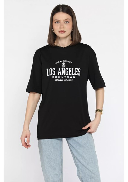 Kadın Bisiklet Yaka Los Angeles Baskılı Salaş Tişört P-00016164