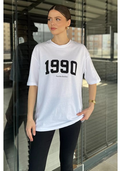 Kadın Ön Baskılı Oversize Bisiklet Yaka Tişört P-00016173