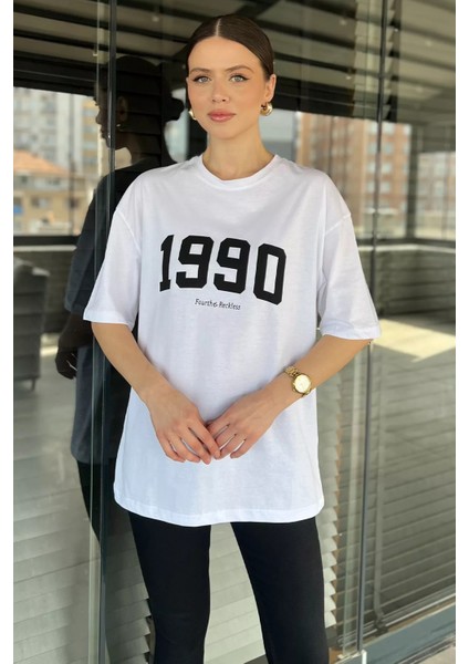 Kadın Ön Baskılı Oversize Bisiklet Yaka Tişört P-00016173