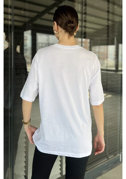 Kadın Ön Baskılı Oversize Bisiklet Yaka Tişört P-00016173
