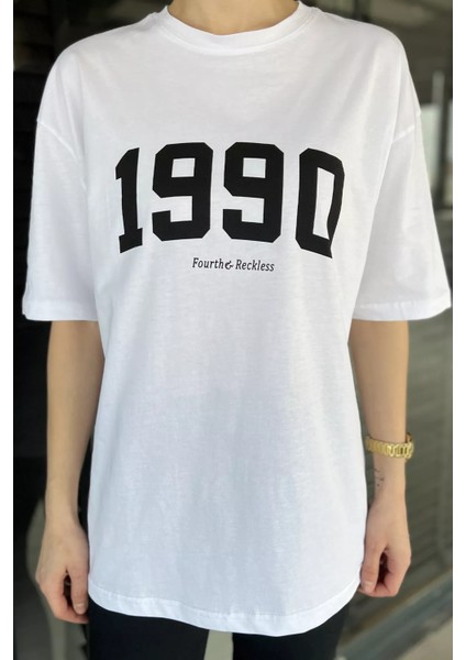 Kadın Ön Baskılı Oversize Bisiklet Yaka Tişört P-00016173