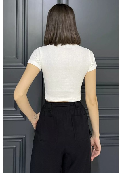 Kadın Bisiklet Yaka Fiyonklu Kaşkorse Crop Top Bluz P-00016174