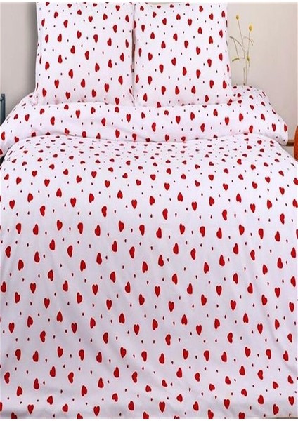 Çift Kişilik Pamuklu Nevresim Takımı 2 Adet Yastık Kılıfı 50 x 70 Kalp Desenli Beyaz Kırmızı
