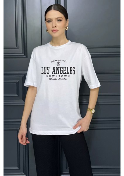 Kadın Bisiklet Yaka Los Angeles Baskılı Salaş Tişört P-00016164