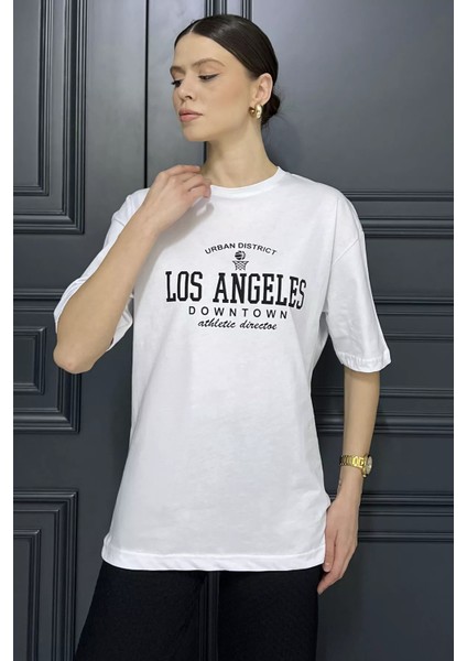 Kadın Bisiklet Yaka Los Angeles Baskılı Salaş Tişört P-00016164