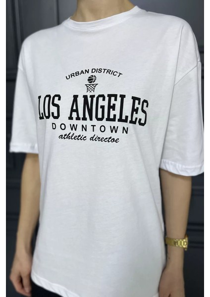 Kadın Bisiklet Yaka Los Angeles Baskılı Salaş Tişört P-00016164