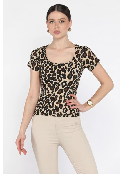 Kadın Kare Yaka Leopar Desenli Bluz P-00016158