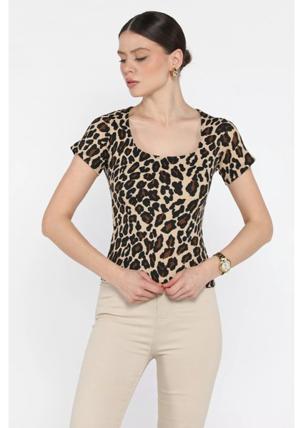 Kadın Kare Yaka Leopar Desenli Bluz P-00016158
