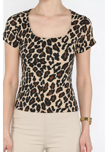 Kadın Kare Yaka Leopar Desenli Bluz P-00016158