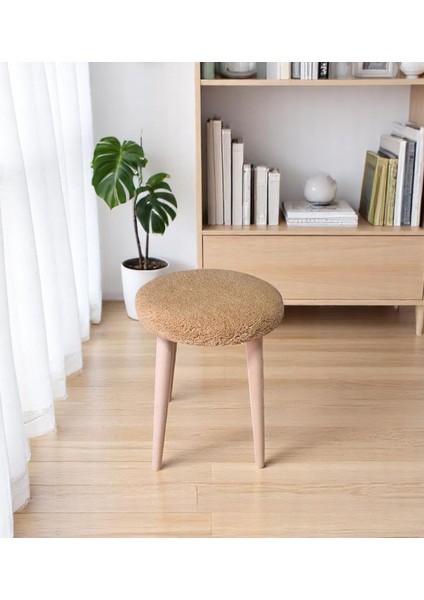 Teddy Kumaşlı Yuvarlak Tabure, Masif Ayaklı Tabure, Salon, Balkon, Makyaj Masası, Yemek Masası