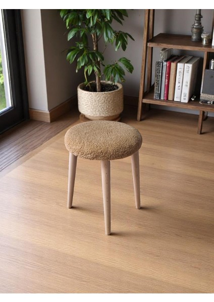Teddy Kumaşlı Yuvarlak Tabure, Masif Ayaklı Tabure, Salon, Balkon, Makyaj Masası, Yemek Masası