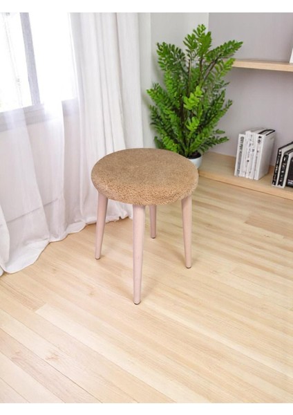 Teddy Kumaşlı Yuvarlak Tabure, Masif Ayaklı Tabure, Salon, Balkon, Makyaj Masası, Yemek Masası