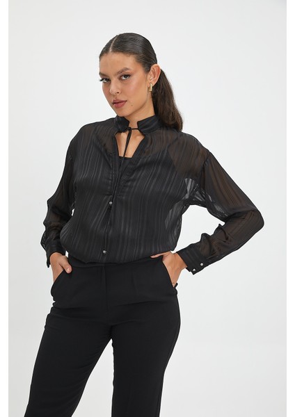 Kadın Ince Çizgili Yarı Transparan Şifon Bluz - Bağcıklı Yaka Detayı, Parlak Kumaş, Şık ve Modern Tasarım - Günlük ve Özel Davet Kombinleri Için Bluz