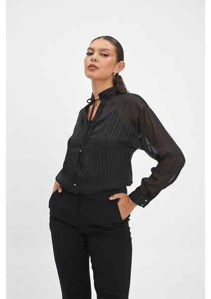 Kadın Ince Çizgili Yarı Transparan Şifon Bluz - Bağcıklı Yaka Detayı, Parlak Kumaş, Şık ve Modern Tasarım - Günlük ve Özel Davet Kombinleri Için Bluz fiyatları