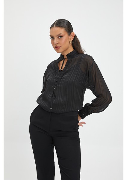 Kadın Ince Çizgili Yarı Transparan Şifon Bluz - Bağcıklı Yaka Detayı, Parlak Kumaş, Şık ve Modern Tasarım - Günlük ve Özel Davet Kombinleri Için Bluz modelleri