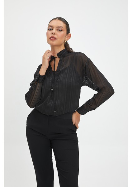 Kadın Ince Çizgili Yarı Transparan Şifon Bluz - Bağcıklı Yaka Detayı, Parlak Kumaş, Şık ve Modern Tasarım - Günlük ve Özel Davet Kombinleri Için Bluz fırsatları