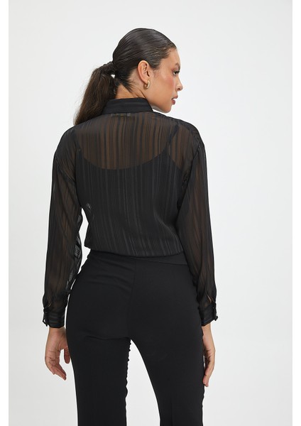 Kadın Ince Çizgili Yarı Transparan Şifon Bluz - Bağcıklı Yaka Detayı, Parlak Kumaş, Şık ve Modern Tasarım - Günlük ve Özel Davet Kombinleri Için Bluz indirimleri