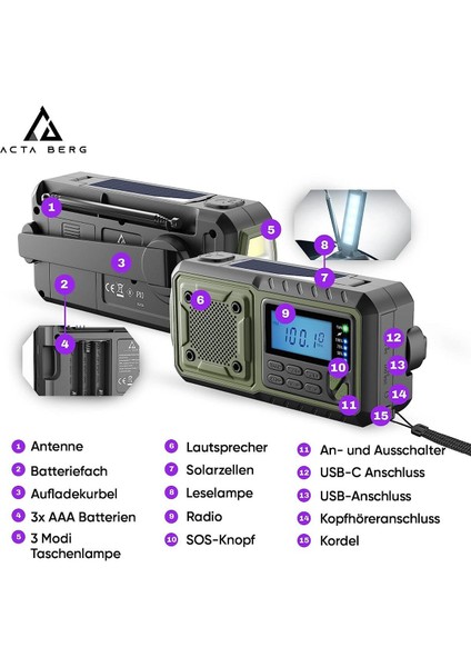 Acta Berg Dab Krank Radyosu | Acil Durum Radyosu Kranklı & 5000 Mah Pil Güneş Enerjili, El Feneri fiyatları