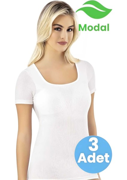 Kadın 3'lü Kare Yaka Yarım Kol Kaşkorse Pedli Modal Atlet