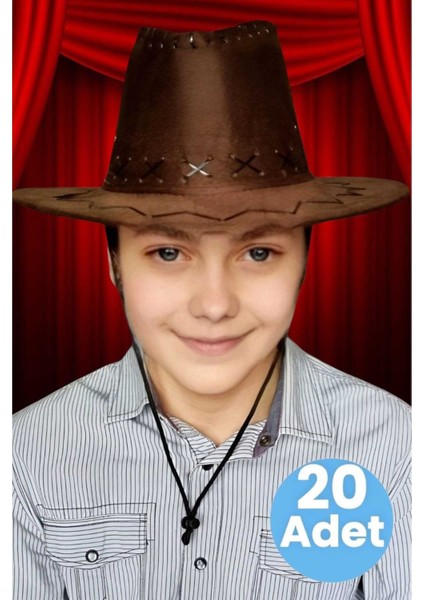 Çocuk Unisex 20'li Nubuk Kovboy Şapkası ( 8-14 Yaş )