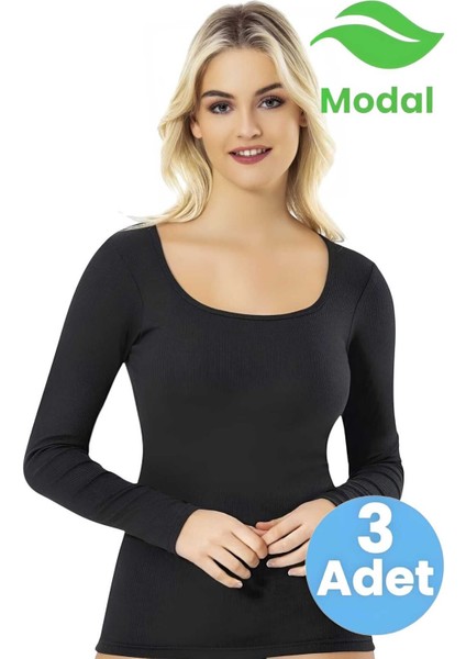 Kadın 3'lü Kare Yaka Uzun Kol Kaşkorse Pedli Modal Atlet