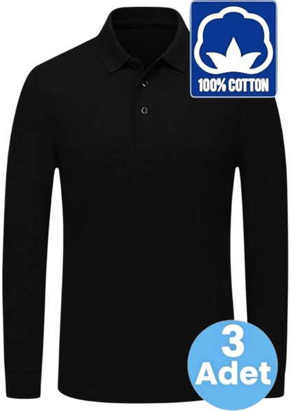 Erkek Çocuk 3'lü Uzun Kol %100 Pamuklu Polo Yaka T-Shirt Günlük ve Okul Uniforma Okul T-Shirt