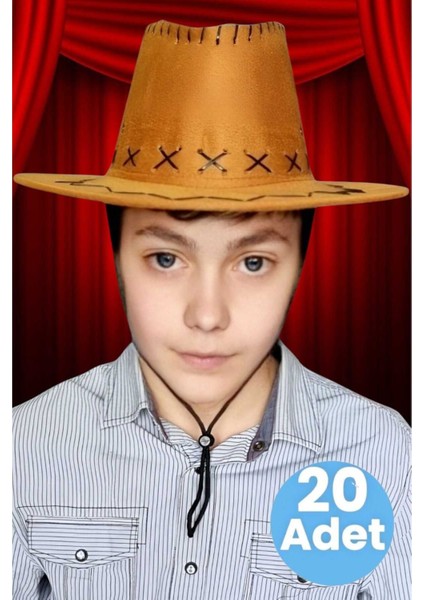 Çocuk Unisex 20'li Nubuk Kovboy Şapkası ( 8-14 Yaş )