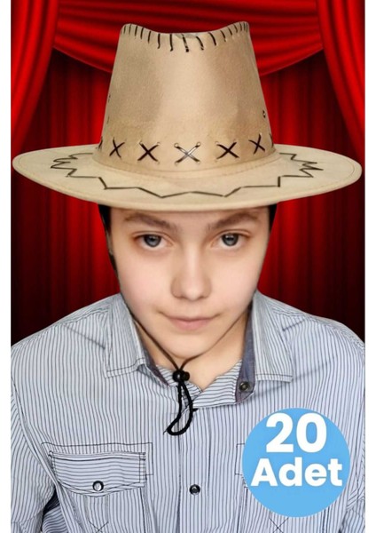 Çocuk Unisex 20'li Nubuk Kovboy Şapkası ( 8-14 Yaş )