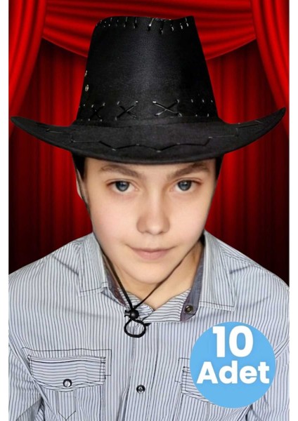 Çocuk Unisex 10'lu Nubuk Kovboy Şapkası ( 8-14 Yaş )