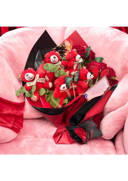 Kelebek Detaylı Sevgiliye ve Eşe Özel 5 Güllü 5 Ayıcık Buketi