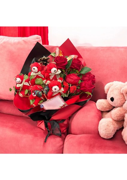 Kelebek Detaylı Sevgiliye ve Eşe Özel 5 Güllü 5 Ayıcık Buketi fiyatları
