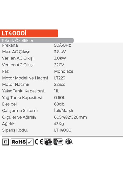 LT4000İ 3.3kw Invertör(Sessiz)Yeni Nesil Euro5 Motor Jeneratör