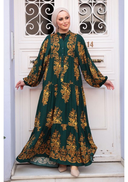 Desenli Zümrüt Yeşili Tesettür Elbise 3035ZY