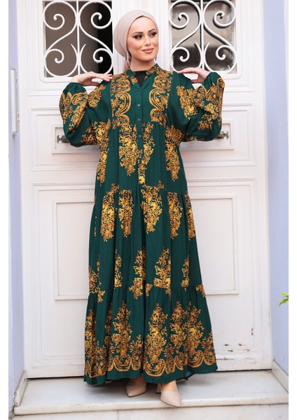 Desenli Zümrüt Yeşili Tesettür Elbise 3035ZY fiyatları