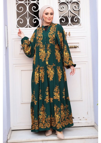 Desenli Zümrüt Yeşili Tesettür Elbise 3035ZY modelleri