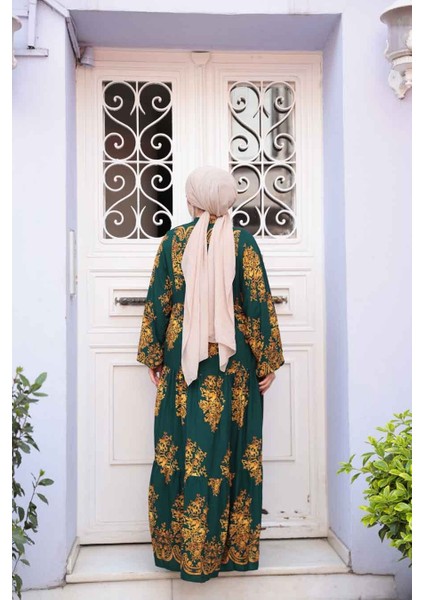 Desenli Zümrüt Yeşili Tesettür Elbise 3035ZY fırsatları