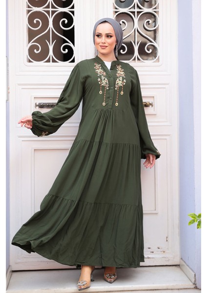 Desenli Haki Tesettür Elbise 32161HK