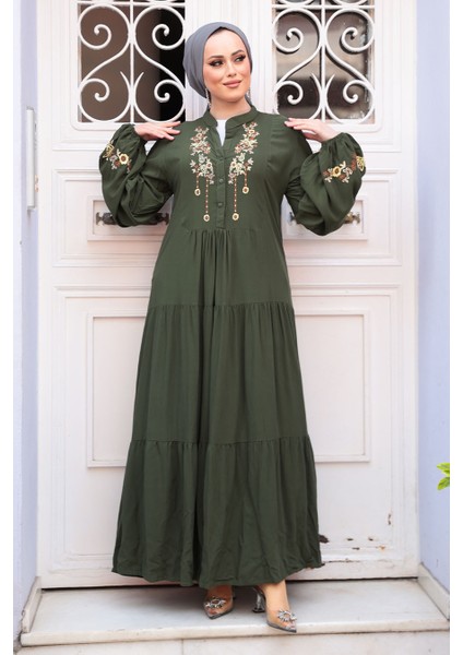 Desenli Haki Tesettür Elbise 32161HK fiyatları