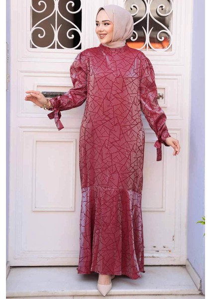 Desenli Bordo Tesettür Saten Elbise 4457BR