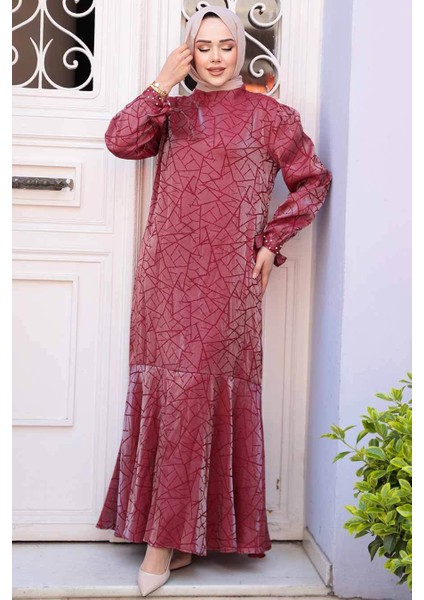 Desenli Bordo Tesettür Saten Elbise 4457BR fiyatları